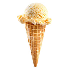 Creamy vanilla ice cream atop a waffle cone.  A single scoop of pale yellow ice cream sits atop a light brown waffle cone, angled slightly. The cone's waffle pattern is clearly visible