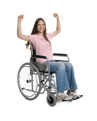 Smiling teenage girl in wheelchair on white background