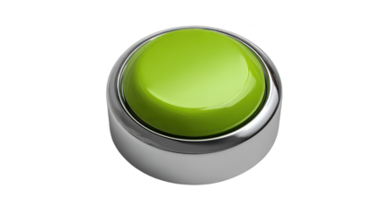 Shiny, green button with a chrome rim, isolated on a black background