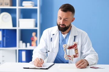 Gastroenterologist with model of large intestine working at white table in clinic