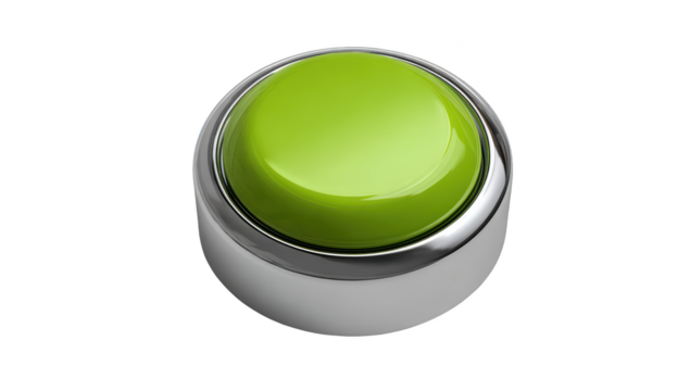 Shiny, green button with a chrome rim, isolated on a black background