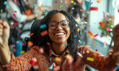 Happy disabled African American woman celebrating her new job and work success. The image shows a woman with a disability cheering with confetti, symbolizing achievement, Generative AI