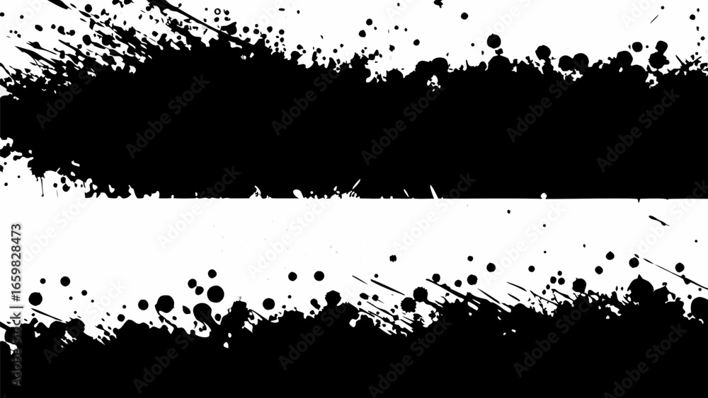 Poster vector black ink splatters and drips forming horizontal grunge borders on a white background creatin