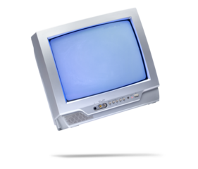 Working vintage CRT television PNG with transparent background. Retro silver TV monitor glowing screen, control buttons, AV ports, and built-in speaker for nostalgic creative projects.
