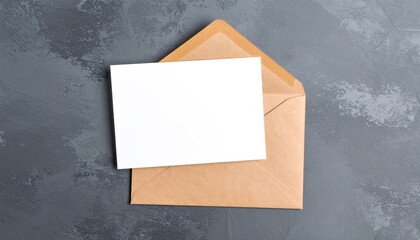 Blank White Card in Kraft Envelope on Gray Textured Background