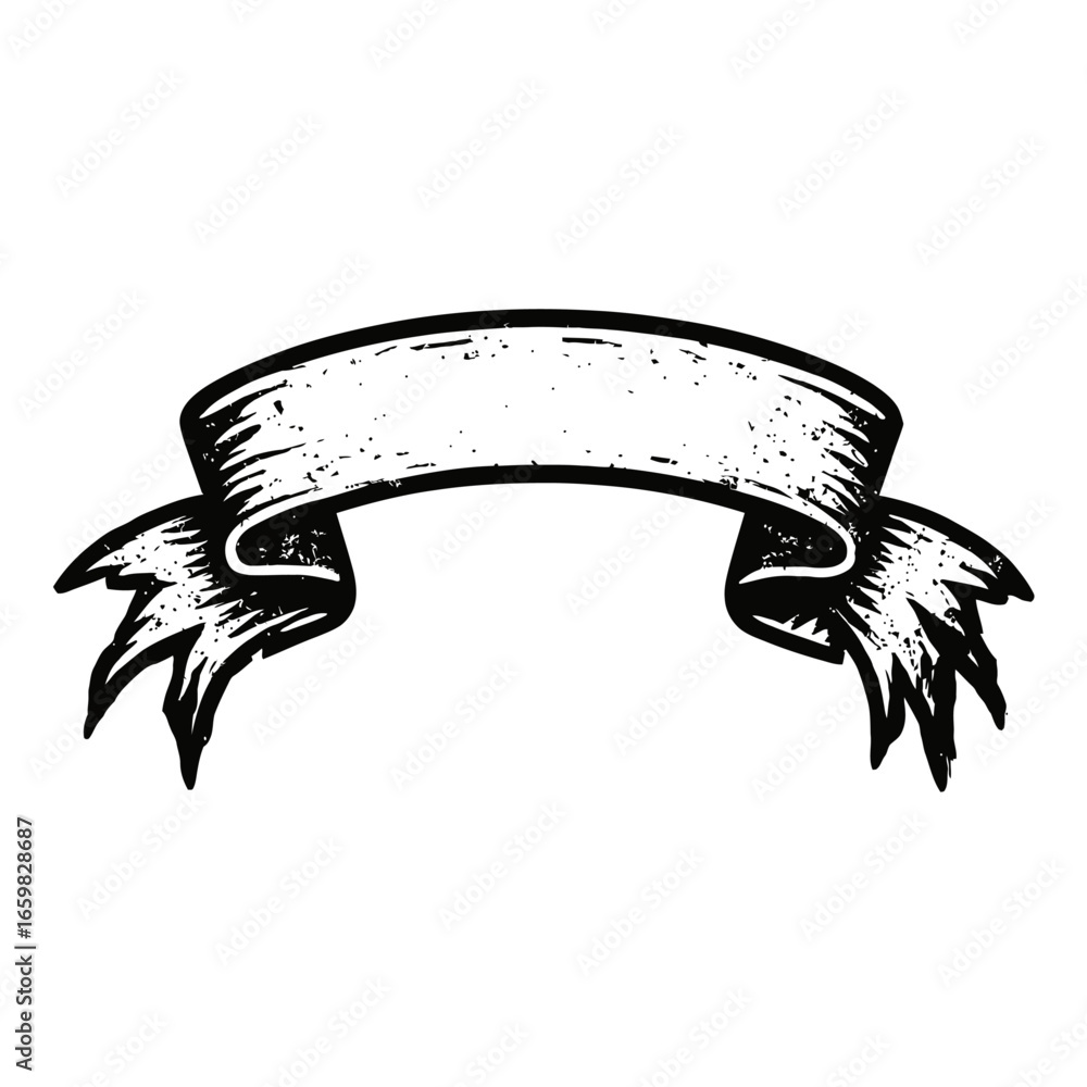Poster retro-style black and white vector banner - vintage empty ribbon with rough texture and woodcut engr