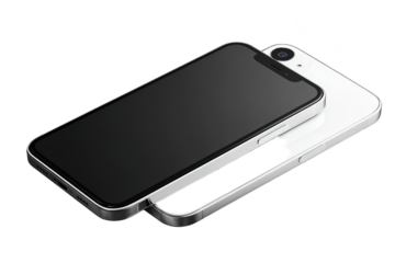 Two smartphones, one front and one back, on a black background. One white. Screen shows black