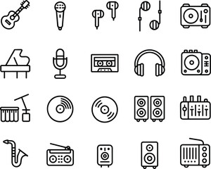 Music icons set, guitar, microphone, earphones, cassette, DJ equipment, speakers, radio, instruments, audio devices, sound mixer, headphones, playlist