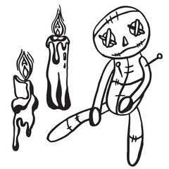 Voodoo doll and candles image. Halloween themed linear icons without background.