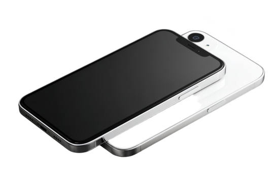 Two smartphones, one front and one back, on a black background. One white. Screen shows black