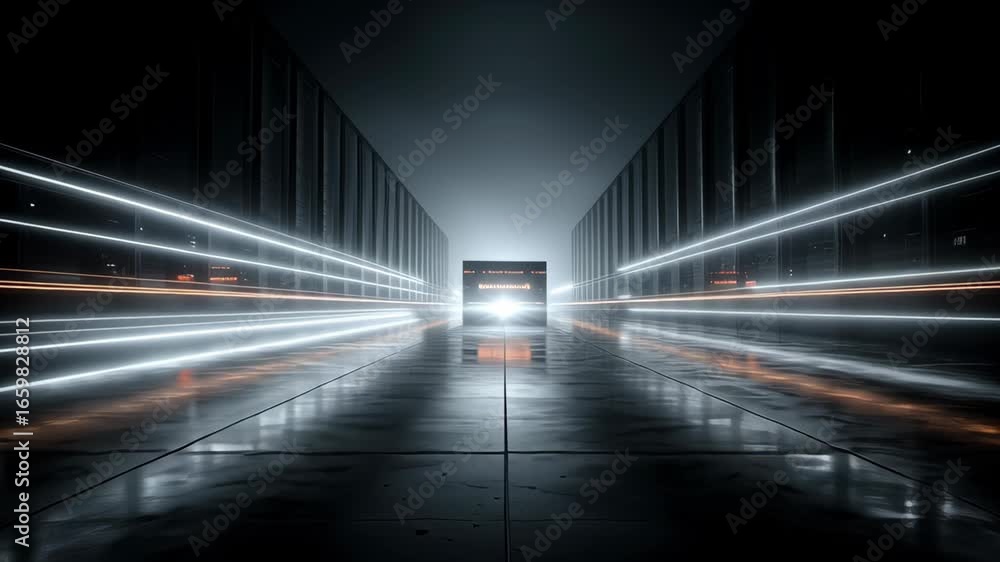 Poster futuristic data center showcasing illuminated pathways and reflective surfaces, merging speed with m