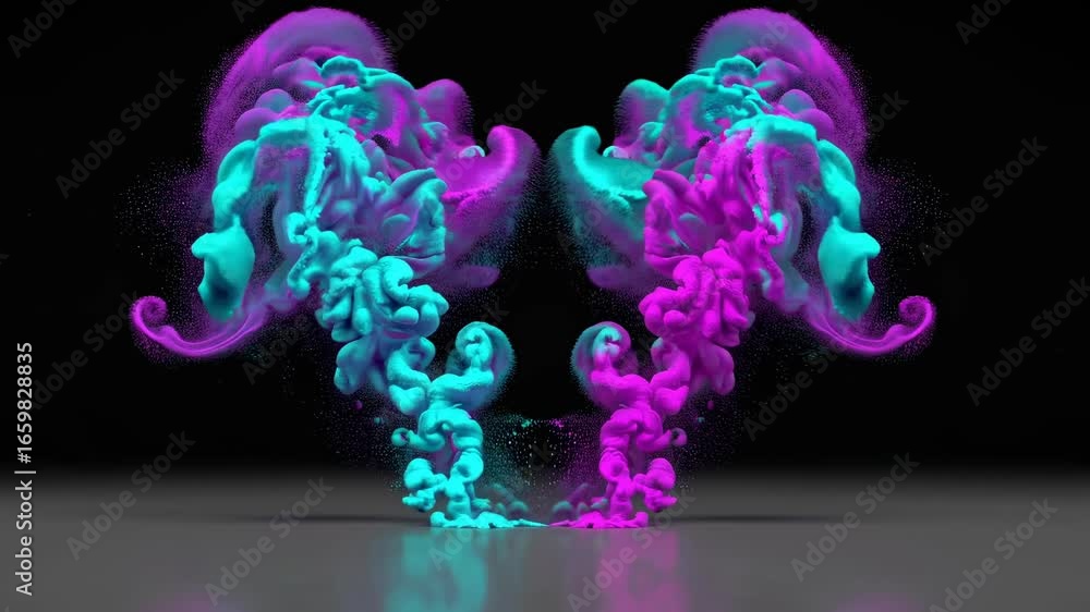 Poster vibrant colorful smoke plumes in symmetrical motion on a dark background, creating a dynamic visual 