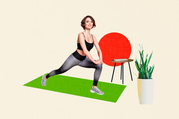 Banner zine sketch artwork collage of happy pilates gym sportswoman do stretching flower pot...
