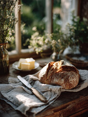 Rustic Loaf of Bread with Butter in Cozy Kitchen Setting