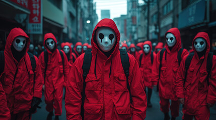 A group of masked individuals in red hooded outfits walking through a city street. The masks have skull designs, creating a striking visual effect.