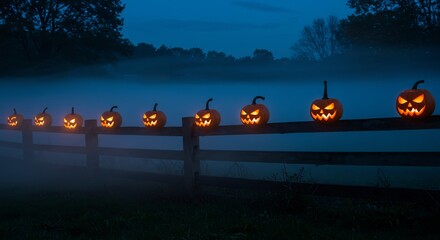 Lit carved pumpkins on a wooden fence in a foggy outdoor scene with trees in the background