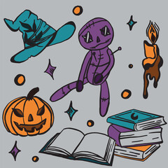 Bright set of linear icons on the theme of Halloween in vector. Linear vector icons for patterns and backgrounds.