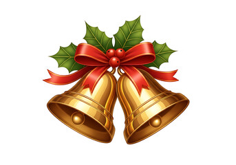 Festive golden christmas bells with red ribbon and holly leaves for holiday decorations