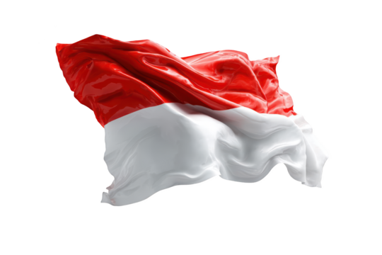 Floating, red and white flag on black backdrop. Dramatic fabric texture and movement