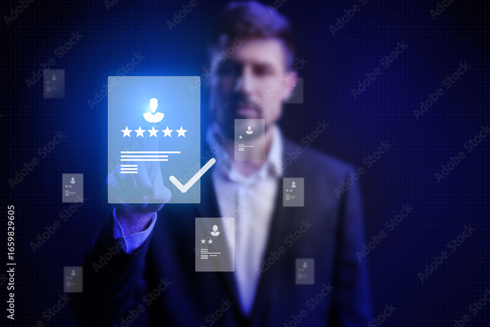 Poster man interacting with digital interface displaying reviews and profiles in modern office setting