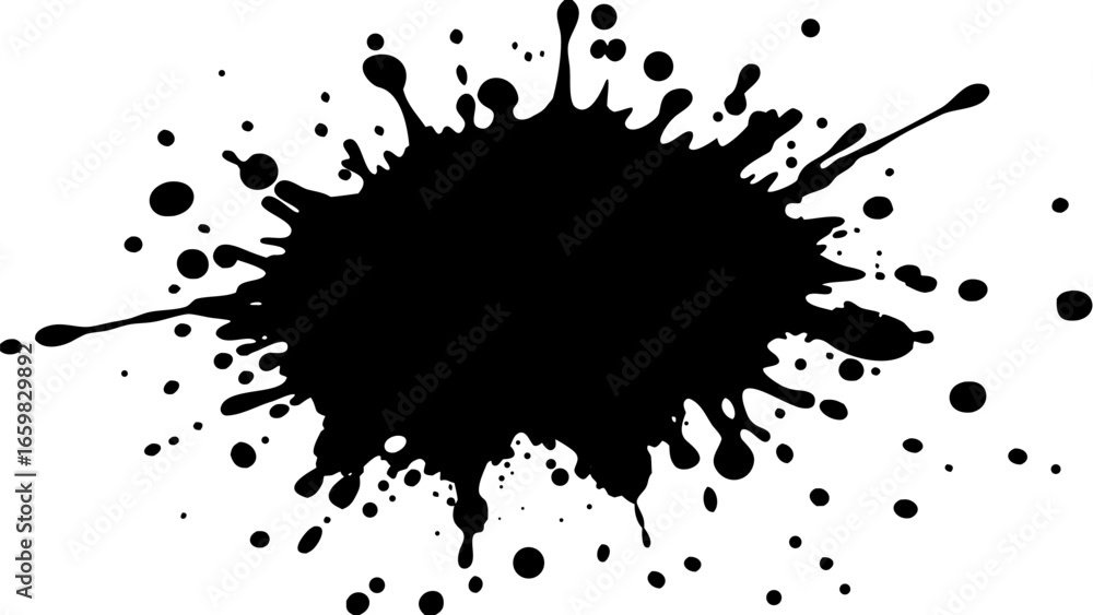 Poster vector illustration of a black paint splatter with drips and splatters on a white background creatin