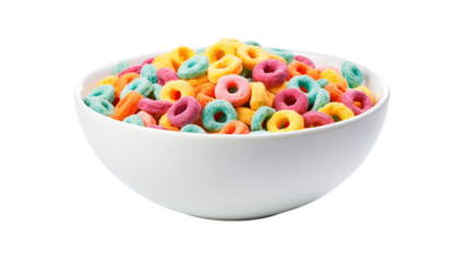 Vibrant colorful cereal rings in a clean white bowl, perfect for breakfast advertising and healthy eating themes.