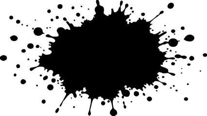 Vector black ink blot with irregular edges and scattered droplets on a white background creating a dynamic splash effect