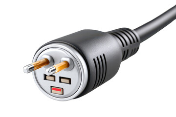 A close-up of a power plug featuring two prongs and USB ports, designed for electrical connections and charging devices.