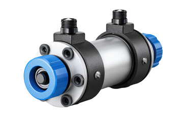 A metallic component featuring blue accents and multiple connectors, often used in mechanical or engineering applications.