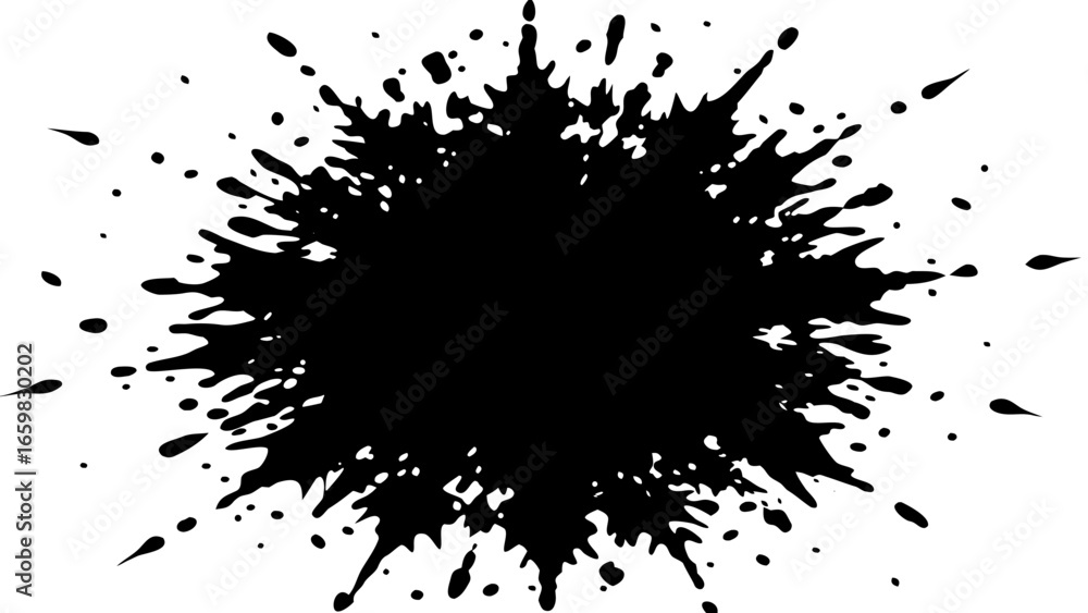 Poster vector illustration of a black ink blot with splatters and drips creating an abstract design on whit