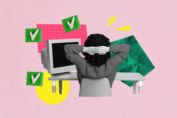 Pop 3d zine full art collage of happy businesswoman sit back office workplace pc monitor freelancer...