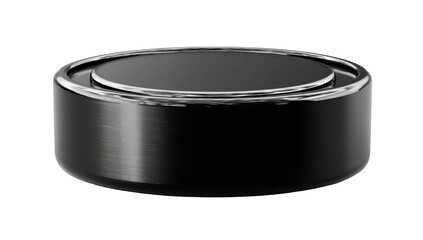 Sleek black metallic disk with silver rim, glossy surface, isolated on black