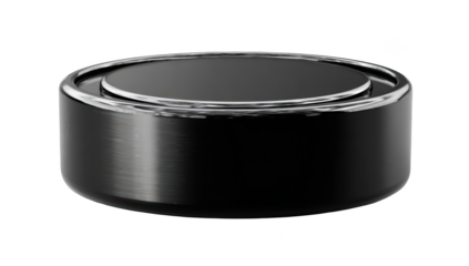 Sleek black metallic disk with silver rim, glossy surface, isolated on black