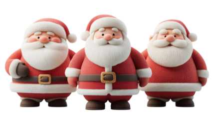 Santa Claus Trio: A jolly ensemble of Santa Clauses stand side-by-side in a festive arrangement, with rosy cheeks and smiling expressions, radiating holiday cheer. 