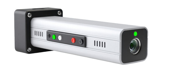 Fototapeta premium A sleek, modern security camera designed for surveillance with indicator lights and a cylindrical lens.