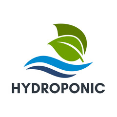 Flat Hydroponic Plant Logo with Leaves Over Stylized Water