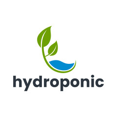 Flat Hydroponic Plant Logo with Leaves Over Stylized Water
