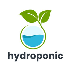 Flat Hydroponic Plant Logo with Leaves Over Stylized Water