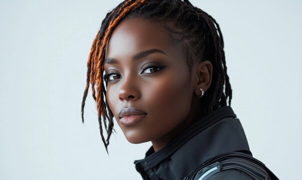 African American female AI robot cyborg, humanized robotic artificial intelligence concept, portrayed against a white background to represent futuristic technology, Generative AI