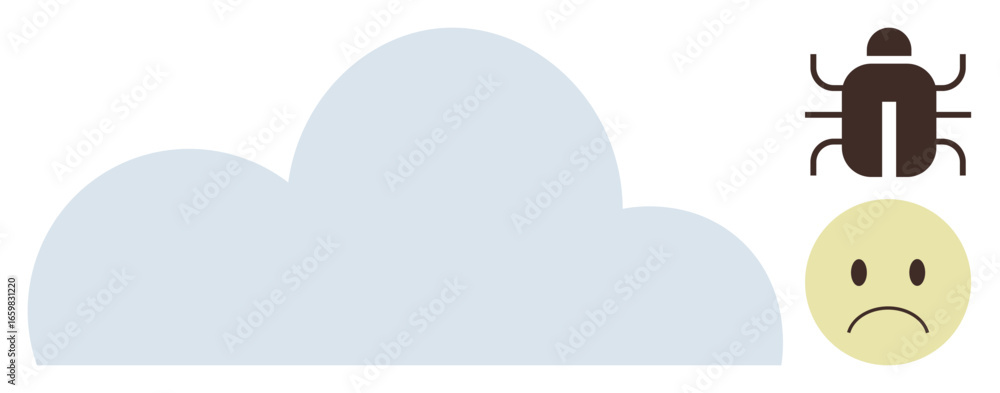 Poster cloud icon, bug symbol, sad face emoticon indicate software issues or glitches in cloud computing. i