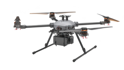 Large, multi-rotor drone with gray/black chassis,  four pairs of rotor blades, and camera housing