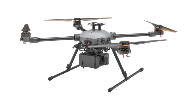 Large, multi-rotor drone with gray/black chassis,  four pairs of rotor blades, and camera housing