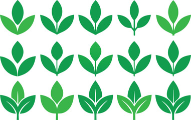 Collection of green leaf icons with gradient shading