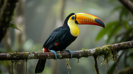 Fototapeta premium A colorful tropical toucan with a large yellow beak perches on a branch in the wild rainforest