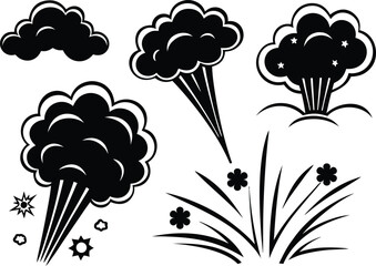 Collection of stylized black and white cartoon explosion and smoke cloud illustrations representing impact and force in a graphic design style