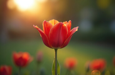 Obraz premium Vibrant red tulip blooms, soft sunset glow illuminates petals. Garden scene with bokeh effect, spring nature beauty. Fresh botanical growth in ornamental landscaping, tranquil atmosphere.