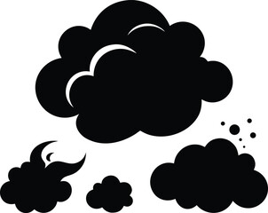 Black silhouette of stylized cartoon smoke clouds and dust particles against a white background representing an explosion or impact effect