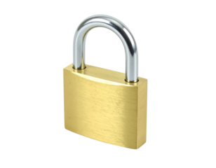 A - Angled Perspective of Bitcoin Padlock with Metallic Finish, Isolated on Transparent Background