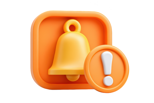 Orange 3D bell with exclamation point, square icon