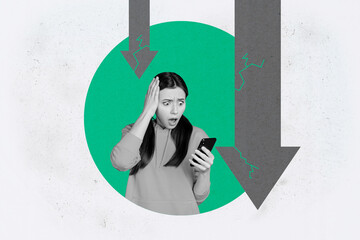 Collage of shocked young woman man reacting to financial loss with dollar signs and broken downward...